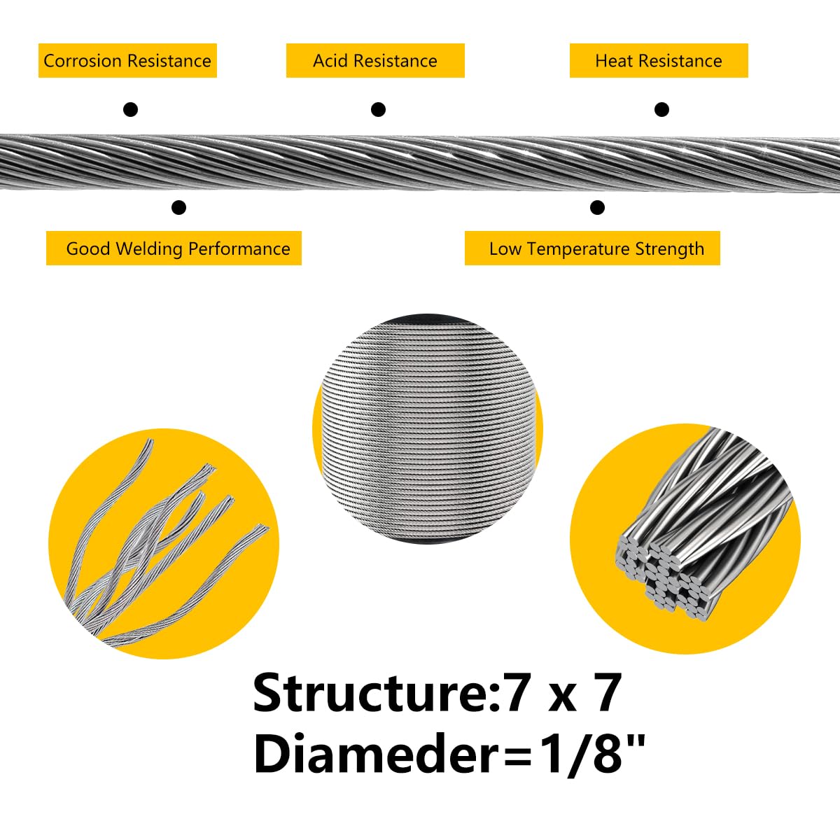 1000FT 1/8" T316 Stainless Steel Cable with Cutter, 7x7 Strands Aircraft Wire Rope for Deck Railing, Stair Handrail, Porch Fence, High Strength for Indoor and Outdoor Use