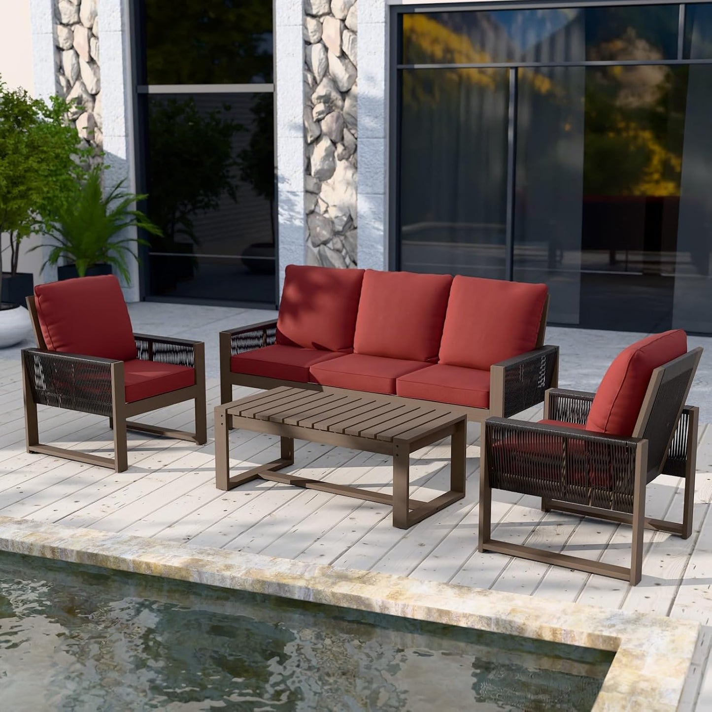 EAGLE PEAK Natural Wood Outdoor Patio Furniture, Cedar Furniture, Conversation Set, Outdoor Seating for Deck Patio Porch, Sofa 2 Chairs & Coffee Table, 4 Pieces, Brown/Red