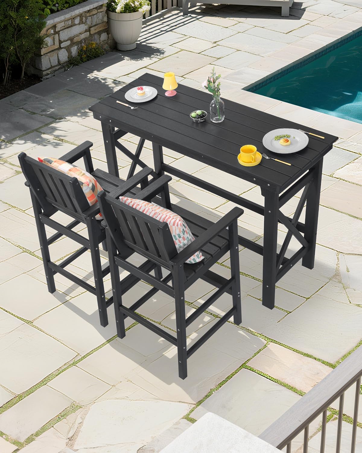 3 Pieces HDPE Outdoor Bar Table and Chairs Set, Tall Adirondack Chairs Set of 2 with Rectangular Bar Table, Patio Bar Stools Set, HDPE Outdoor Patio Bar Set for Balcony, Porch, Deck, Obsidian