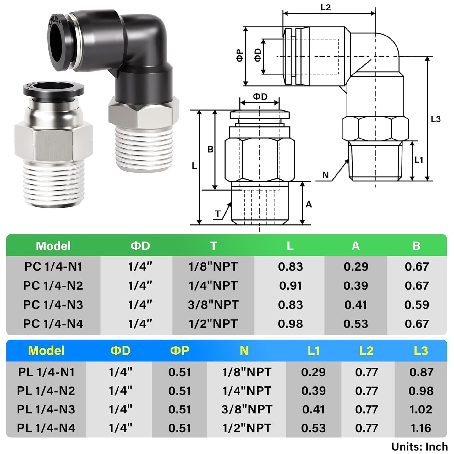 TAILONZ PNEUMATIC Elbow and Straight Combination 1/4 Inch Tube OD x 1/4 Inch NPT Thread Push to Connect Fittings PC-1/4-N2+PL-1/4-N2(Pack of 4)