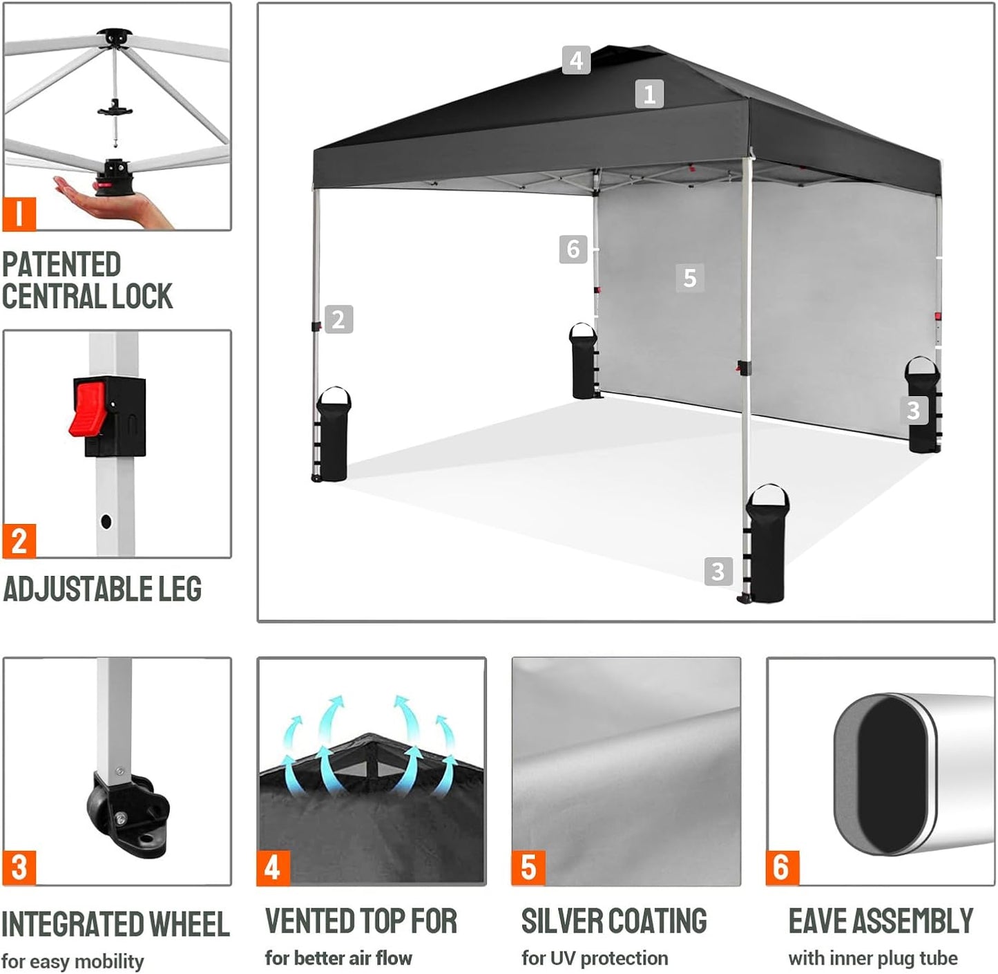 CROWN SHADES 10x10 Pop Up Canopy with 1 Side Wall - Beach Tent with One Push Setup - Outdoor Sun Shade for Events, Parties, Camping - Gazebo with STO-N-Go Cover Bag (Black)