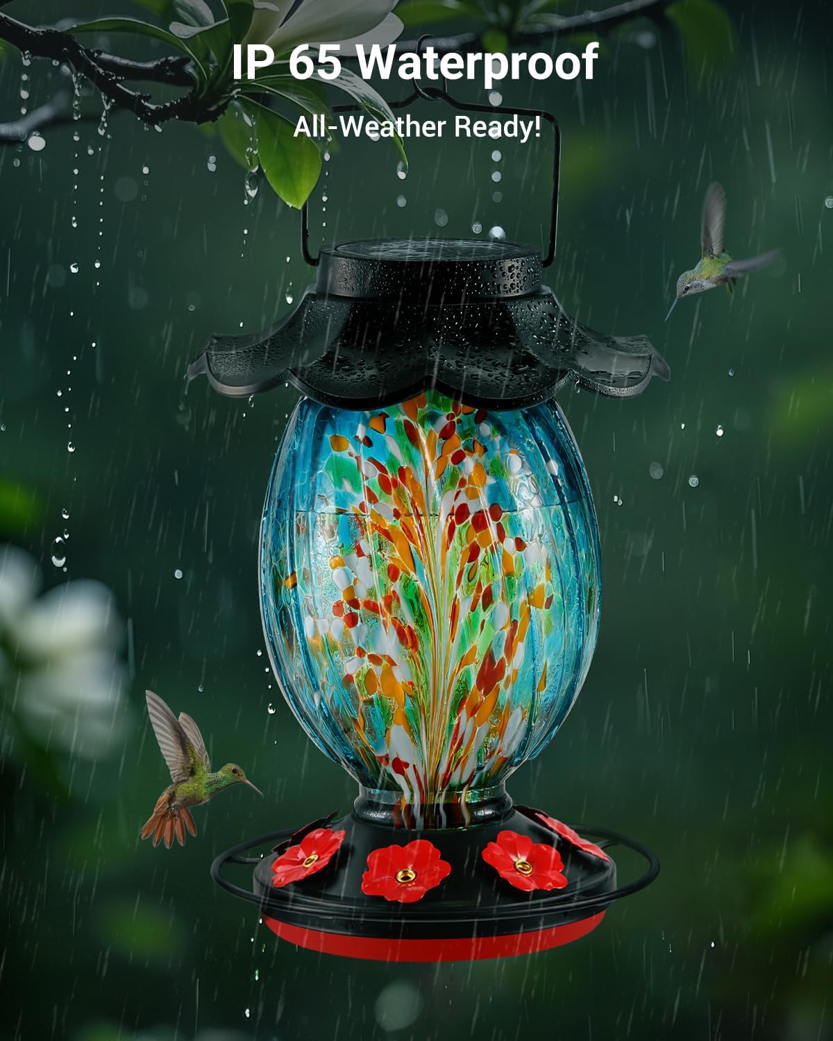 Solar Hummingbird Feeder - 49 fl.oz Hand Blown Glass Color Changing - 7 Feeding Ports with Perch - Never Leak - Perfect Hummingbird Feeder for Outdoors Hanging (Blue)