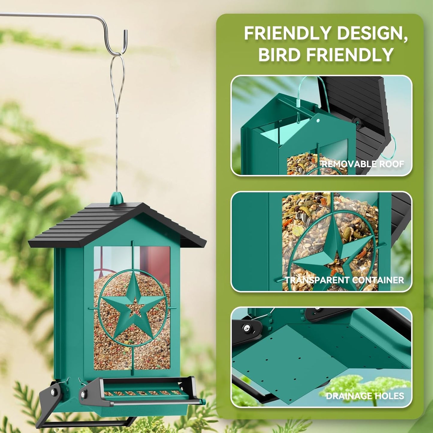 Squirrel Proof Bird Feeder for Outdoors Hanging, Metal Wild Bird Seed Feeder with Bilateral Weight-Activated Perches, 5LB Large Capacity Wild Bird Feeders for Outside Finch, Cardinal, Blue Jay