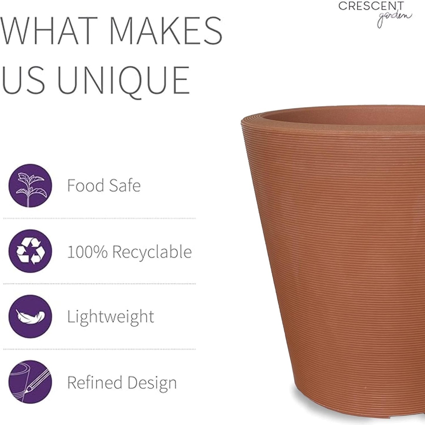 Crescent Garden Madison Planter– Weather-Resistant, Double Walled Indoor/Outdoor Plant Pot with Drain Hole – Durable All-Season Plastic Flower Container, 14" W (Terracotta-Colored)