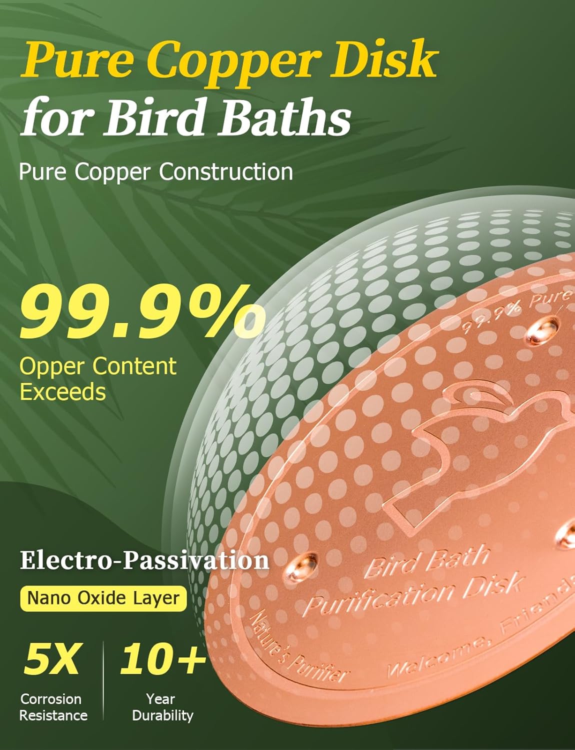 Mellbree 3-Pack Bird Bath Copper Disk, 0.6mm Reinforced 99.99% Pure Copper Cleaning Disk with Triple-Point Support for Physical Safe Clean Water All-Season