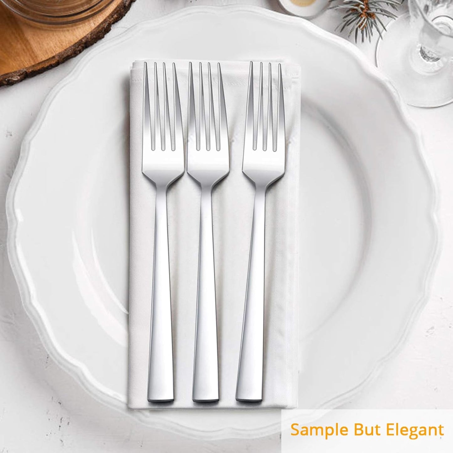 Dinner Forks Set of 6, E-far 7.9 Inch Stainless Steel Forks for Home, Kitchen or Restaurant, Non-toxic & Mirror Polished, Squared Edge & Dishwasher Safe