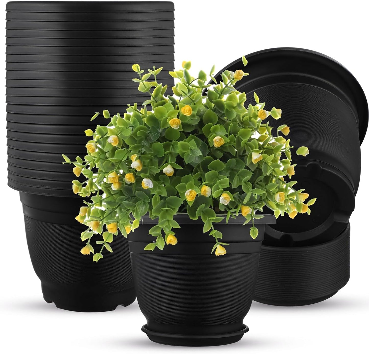 12 Pack Plastic Plant Pots Round Planter Pots with Saucer Tray Seedling Pot Hole Seed Resin Plant Pot Starting Nursery Flower Container with Pallet for Garden Outdoor Indoor (Black,12'')