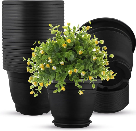 12 Pack Plastic Plant Pots Round Planter Pots with Saucer Tray Seedling Pot Hole Seed Resin Plant Pot Starting Nursery Flower Container with Pallet for Garden Outdoor Indoor (Black,12'')
