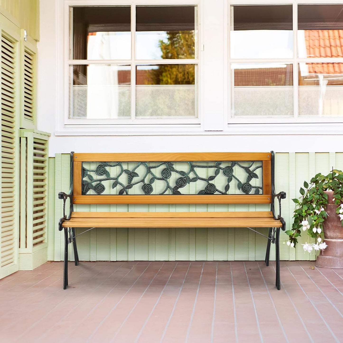 VINGLI Outdoor Bench Metal Garden Bench, Wood Patio Benches w/PVC Backrest Cast Iron Love Seat Park Benches for Porch Yard (Rose)