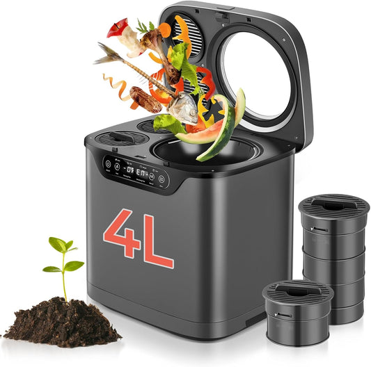 Electric Composter for Kitchen 4L, Countertop Compost Bin Indoor with Visible Window, LED Display, Auto-Clean, Carbon Filter, Odorless, Low Noise, Turns Waste into Natural Fertilizer