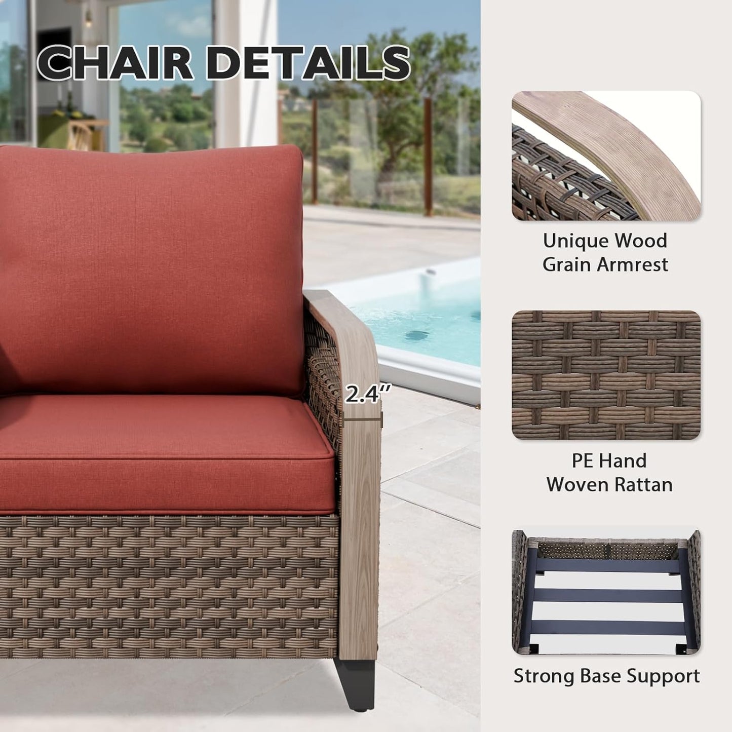 EAGLE PEAK Modern Wicker Outdoor Chair, Patio Chair Curved Armrest, Rattan Patio Furniture for Yard Deck Porch Garden, 2 Chairs, Brown/Red