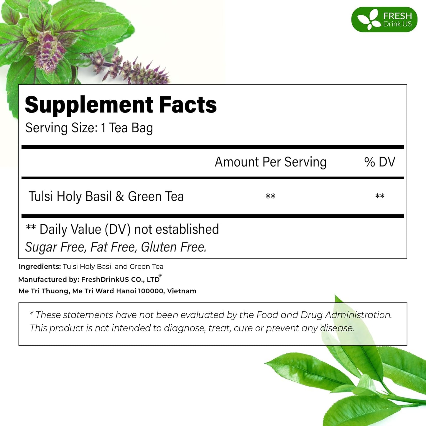FreshDrinkUS, Premium 30 Tulsi Green Tea Bags, 100% Natural, Blend of Tulsi Holy Basil Leaves, and Green Tea Leaves. Made with Natural Material Tea Bags. No Sugar, Vegan.