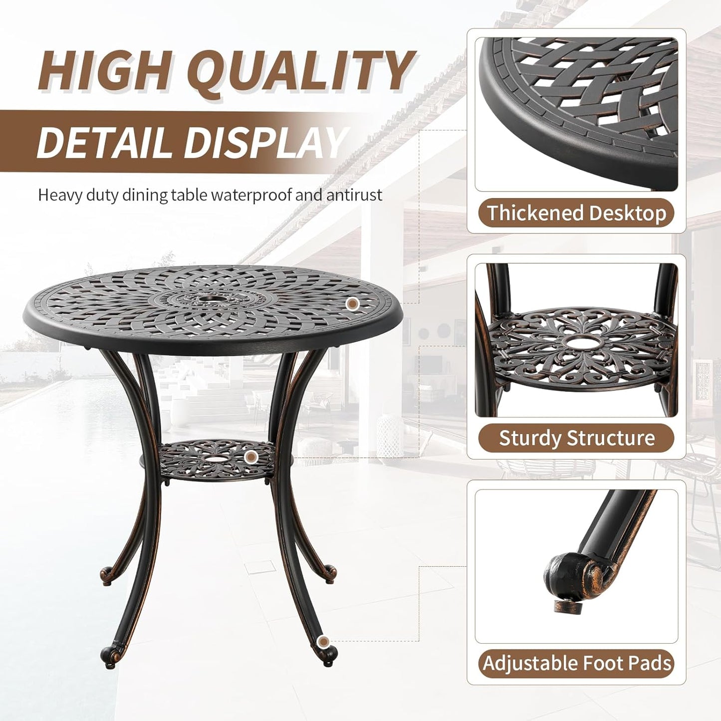 Outdoor Table Round Bistro Dining Table With Umbrella Hole for Lawn Garden, All Weather Metal Black Patio Table (31.5", Round), Bronze