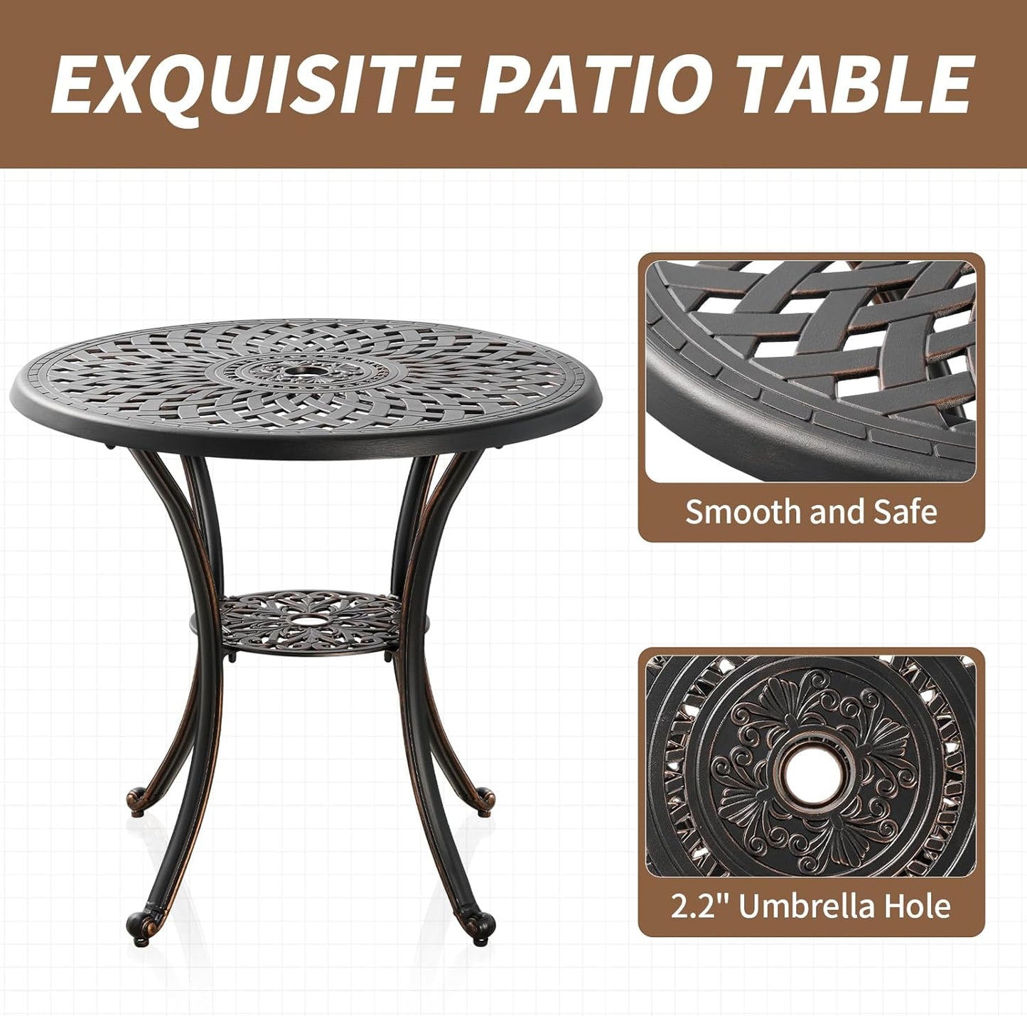 Bistro Set 3 Piece Outdoor Cast Aluminum Patio Bistro Set Patio Set Metal Bistro Table and Chairs Set of 2 with Umbrella Hole for Deck, Gardens, Bronze (Woven Backrest)