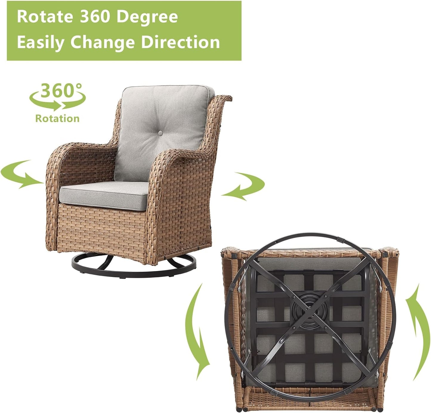 Outdoor Wicker Patio Furniture Set - 6 Piece Rattan Patio Conversation Set with 2 Rocking Swivel Chairs,2 Ottomans,1 Sofa and 1 Side Table for Porch Deck Backyard Garden(Yellow/Beige)