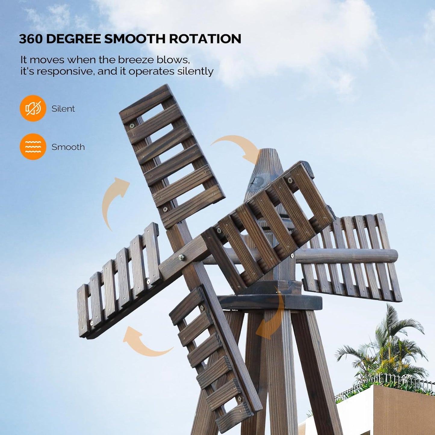 VINGLI Outdoor Yard Windmill, Wooden Wind Spinner for Garden Lawn Yard Patio Decoration (Carbonized Wood, Large)