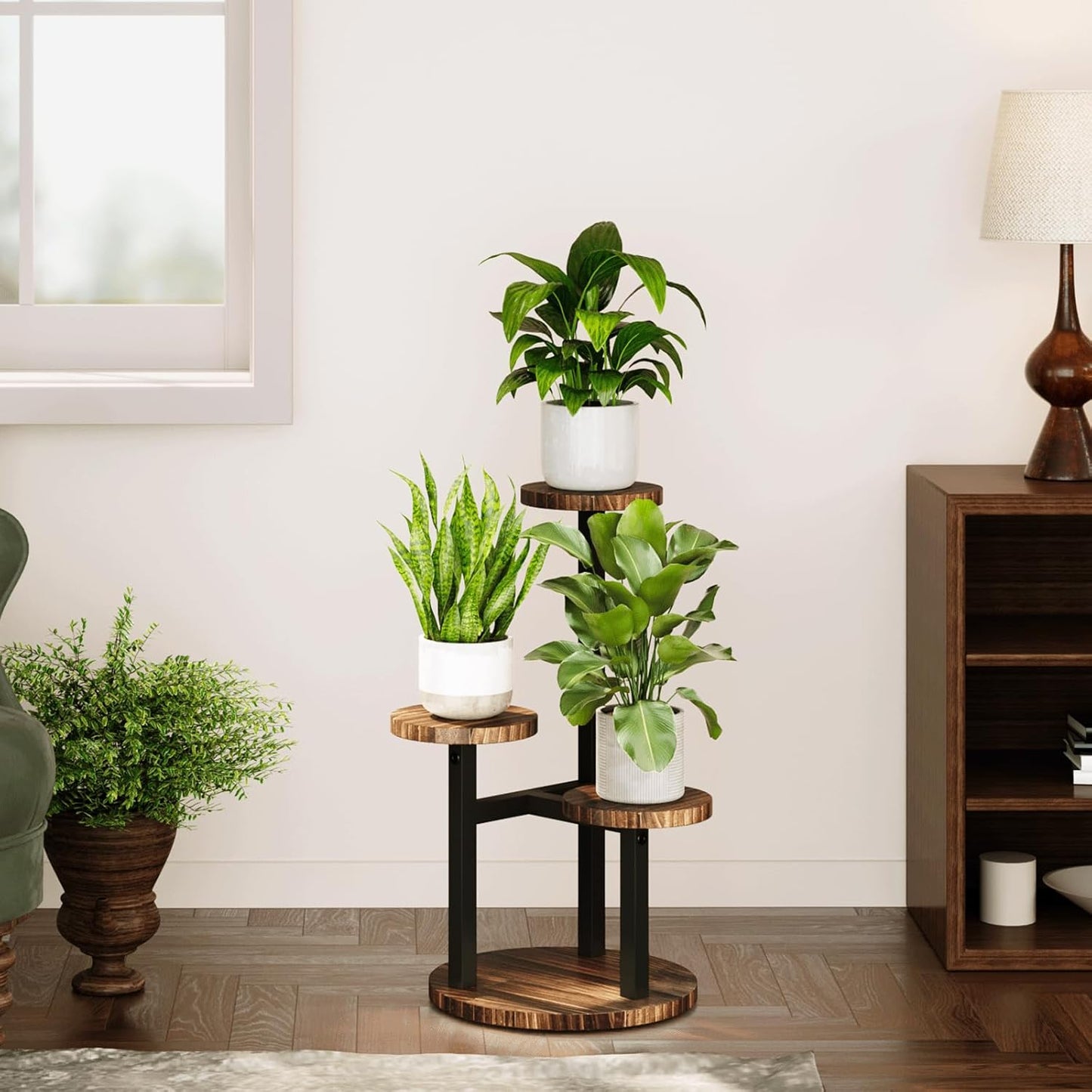 Bamworld 3 Tier Plant Stand Indoor, Tall Metal Wood Plant Shelf Outdoor,Small Flower Pot Holder Table Rack Garden Accessories for Corner Living Room Balcony Patio