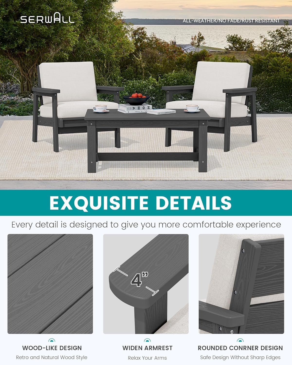 SERWALL HDPE Outdoor Couch, Grey Frame and Khaki Cushion