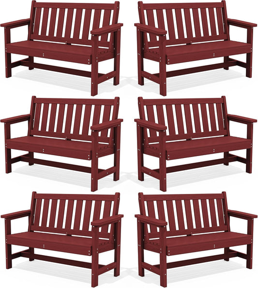 SERWALL Outdoor Bench, HDPE Outdoor Benches Weatherproof, 2-Person Garden Bench with 660 lbs Weight Capacity, Patio Benches for Outdoors, Garden, Porch, Backyard and Park, Red, 6 Pack