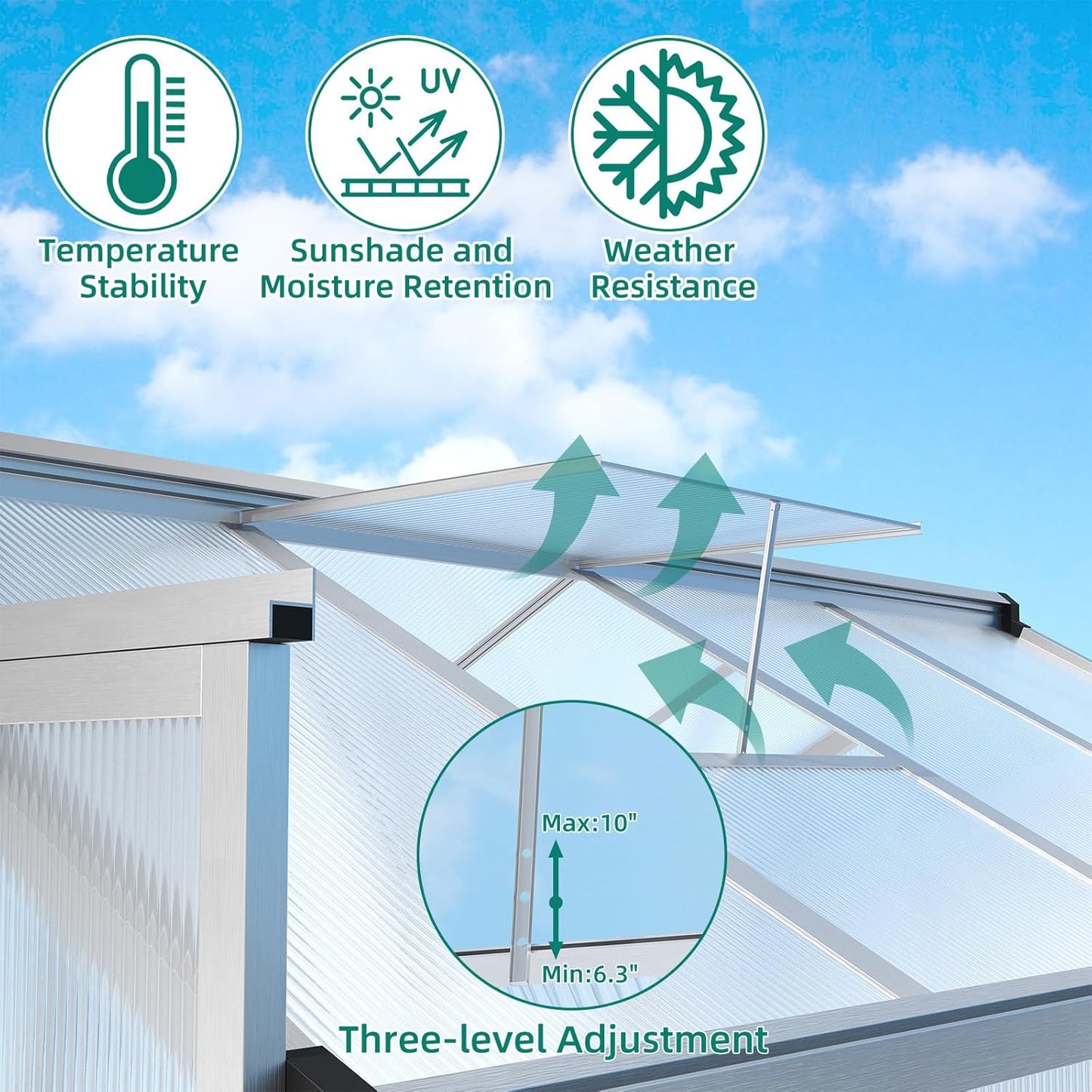6x8 FT Greenhouse for Outdoors, Aluminum Greenhouse with Quick Setup Structure and Roof Vent, Polycarbonate Greenhouses Heavy Duty, Large Walk-in Green House for Winter Garden, Backyard, Patio, Lawn