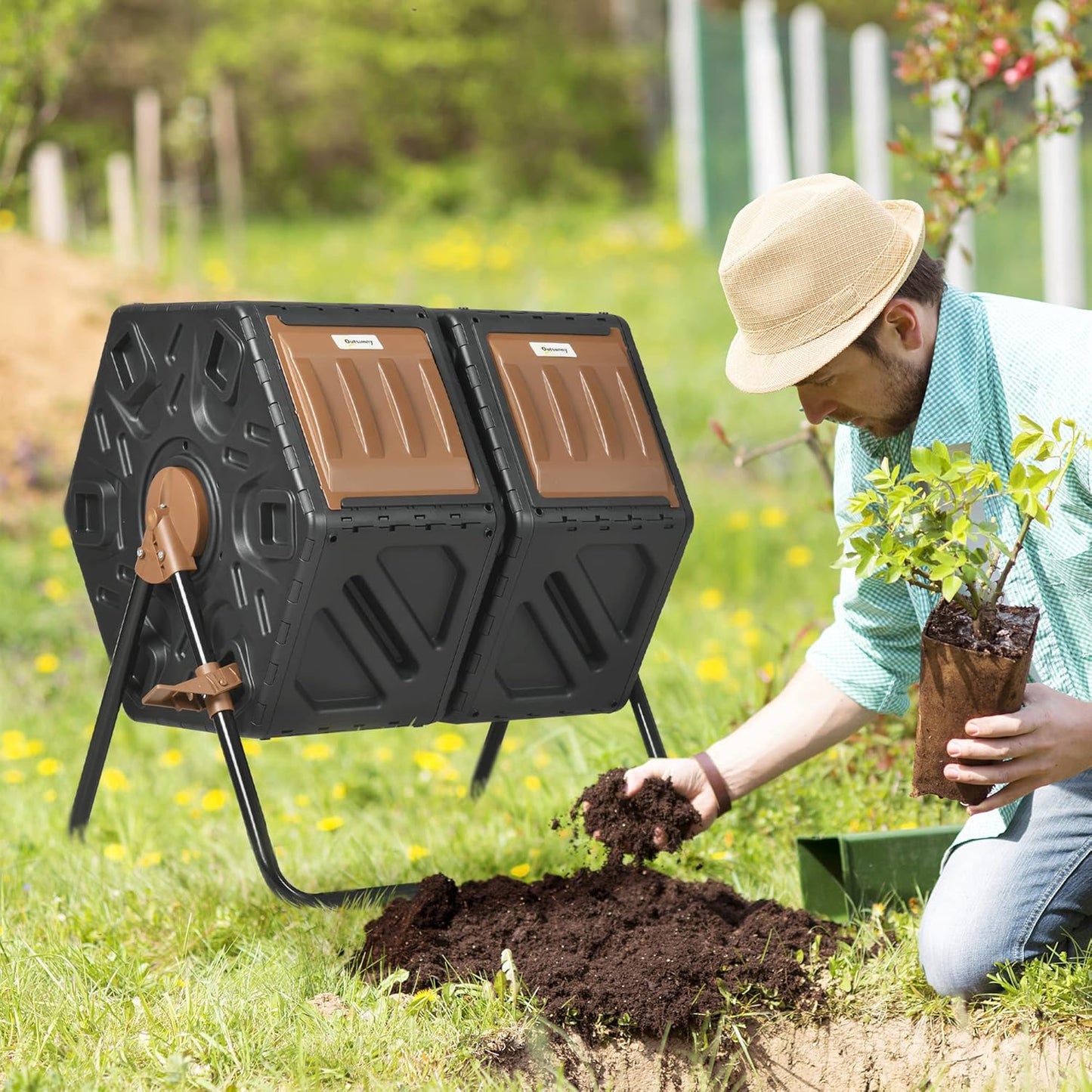 Compost Bin Outdoor, 43 Gallon Dual Chamber Tumbling Composting with Sliding Doors, Large Compost Tumbler, Compost Bin for Garden, Kitchen, and Yard Waste, Black+Brown