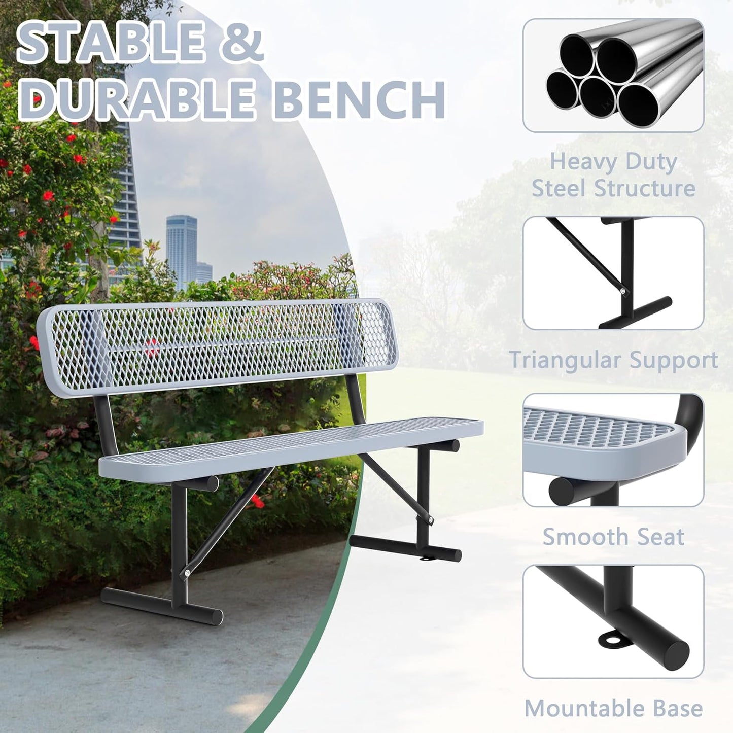 Heavy Duty Park Bench with Back Portable Frame, Outdoor Steel Bench with Backrest, Outdoor Park Bench Expanded Metal Mesh Bench for Lawn, Park, Deck, Garden, Patio, Porch, Black (Gray, 8FT)