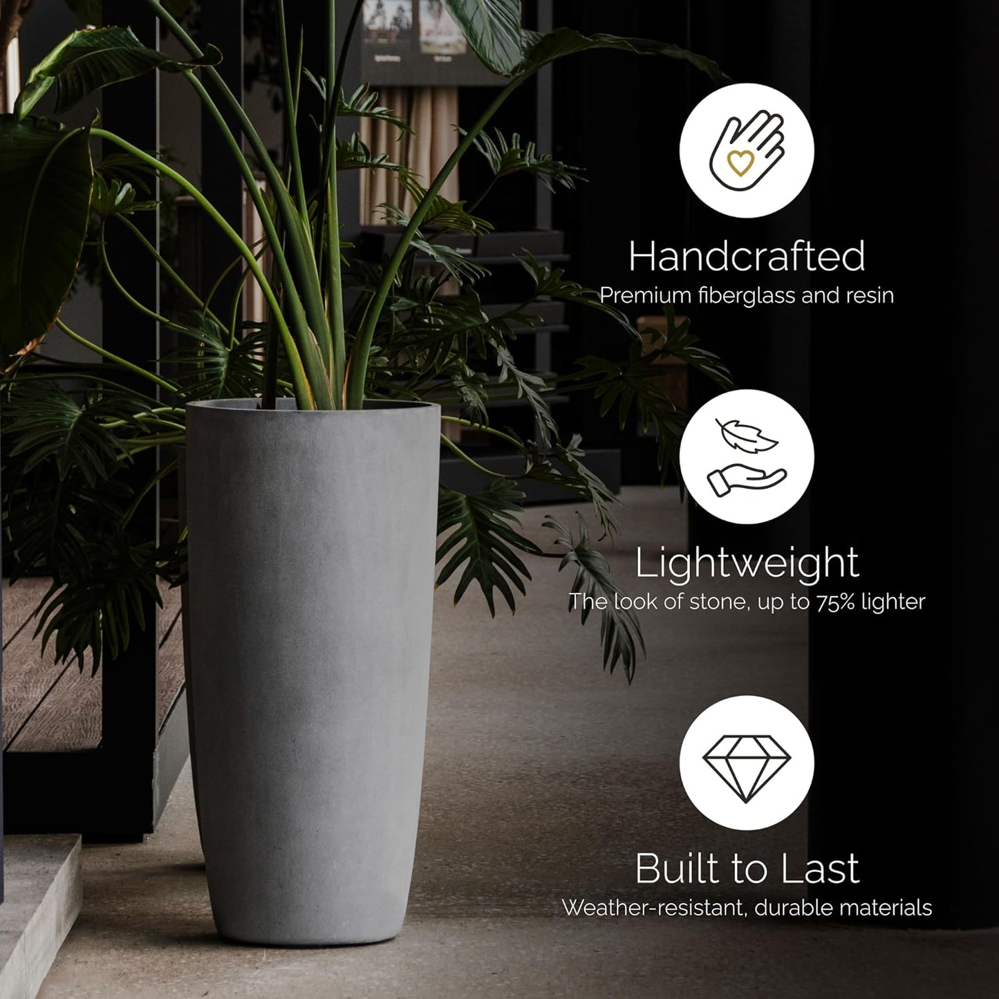 Lofto Tall Planter – Brown Stone Finish – Fiberglass Indoor/Outdoor and Weather-Resistant Large Planter (14.6" D x 30.5" H Exterior, 13.4" D x 30.3" H Interior)