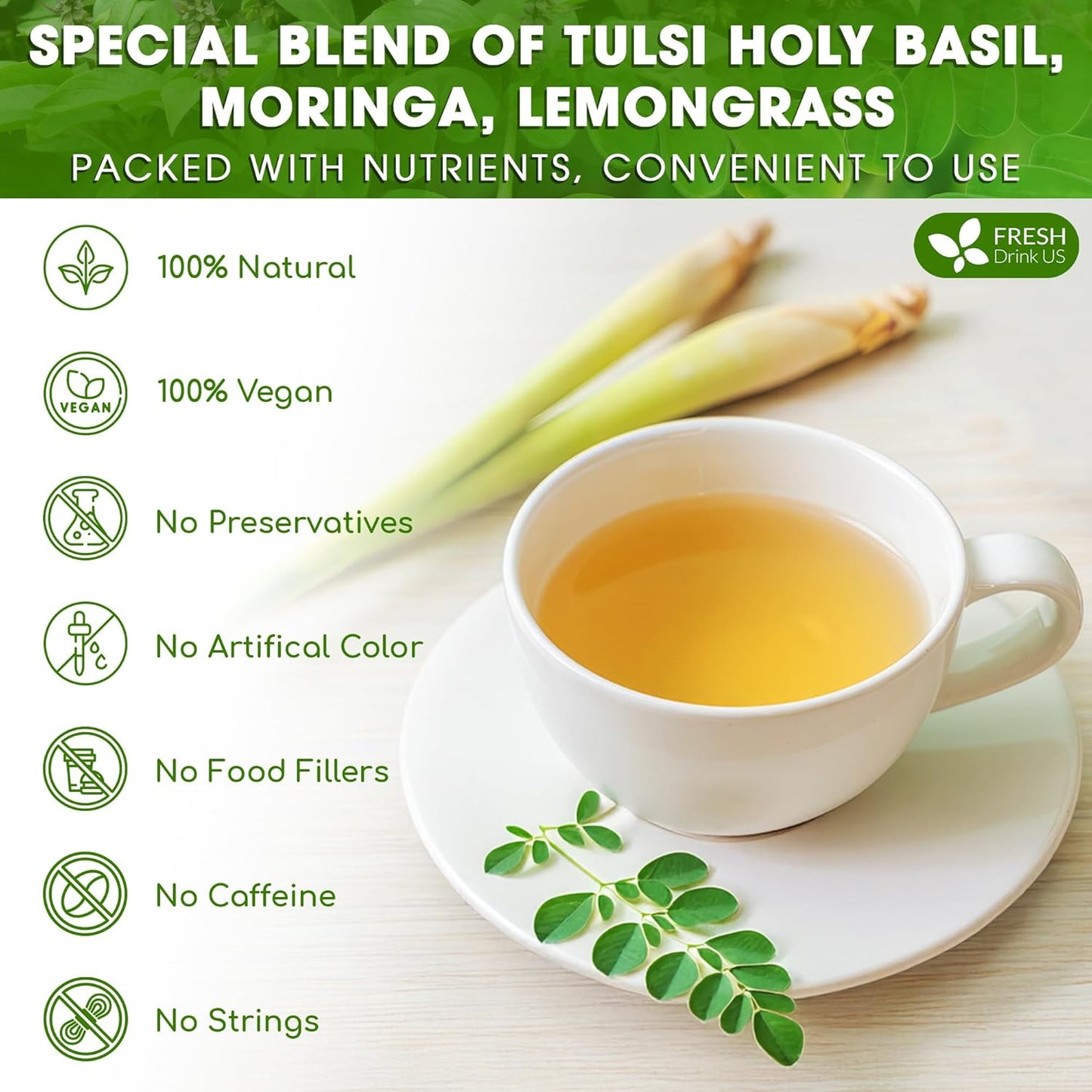 FreshDrinkUS, Premium 55 Tea Bags Tulsi Moringa Lemongrass, 100% Natural & Pure from Tulsi Holy Basil Leaves, Moringa & Lemongrass. Made with Natural Material Tea Bags. No Sugar, No Caffeine, Vegan.