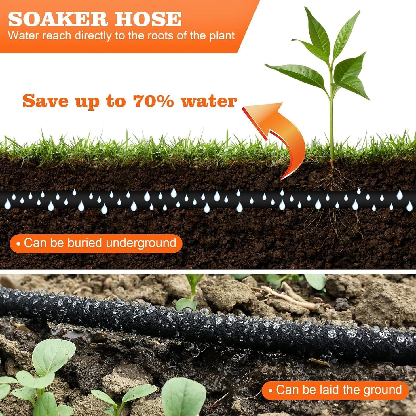 Soaker Hose, 1/2" x 50 FT Round Rubber Garden Soaker Hose, Heavy Duty Water Seeper Soaker Hoses for Foundation Watering, Garden Beds, Garden, Lawn and Plants