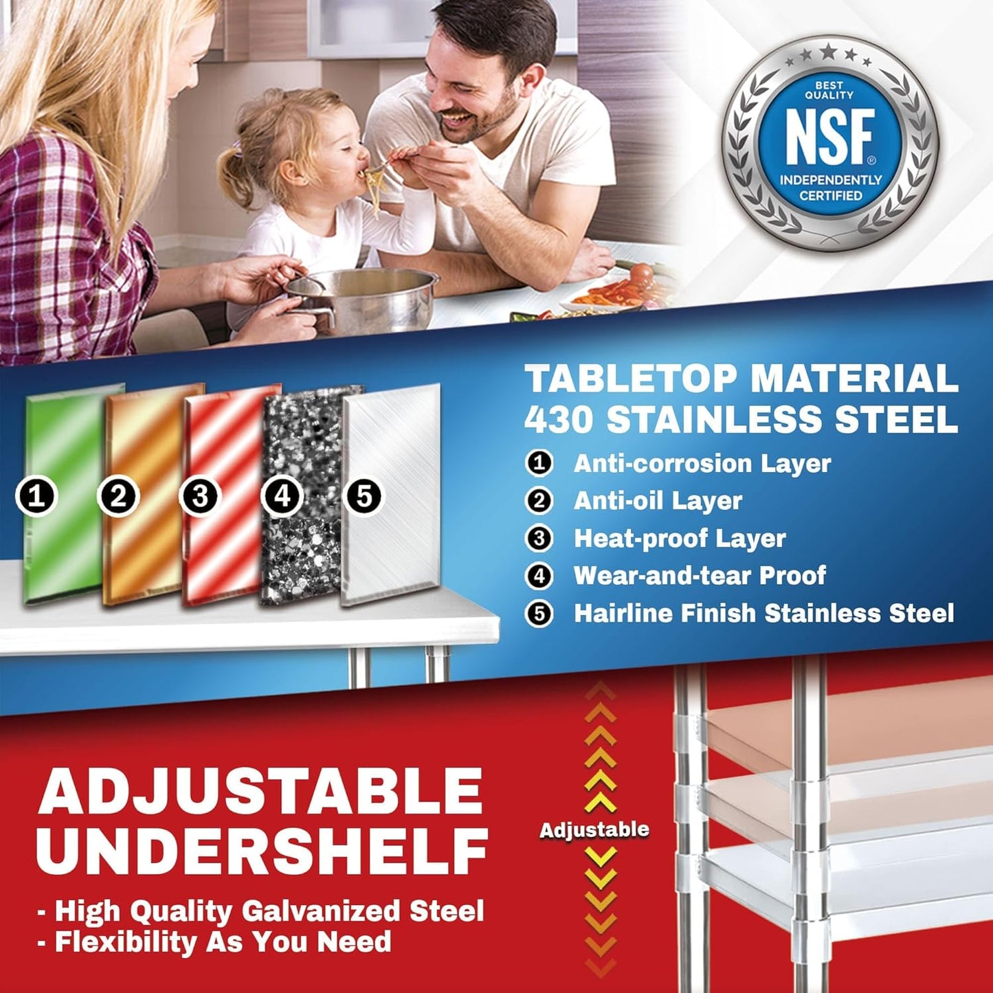 DuraSteel Food Prep Stainless Steel Table - 30 x 30 Inch Commercial Metal Workbench with Adjustable Under Shelf - NSF Certified - for Restaurant, Warehouse, Home, Kitchen, Garage