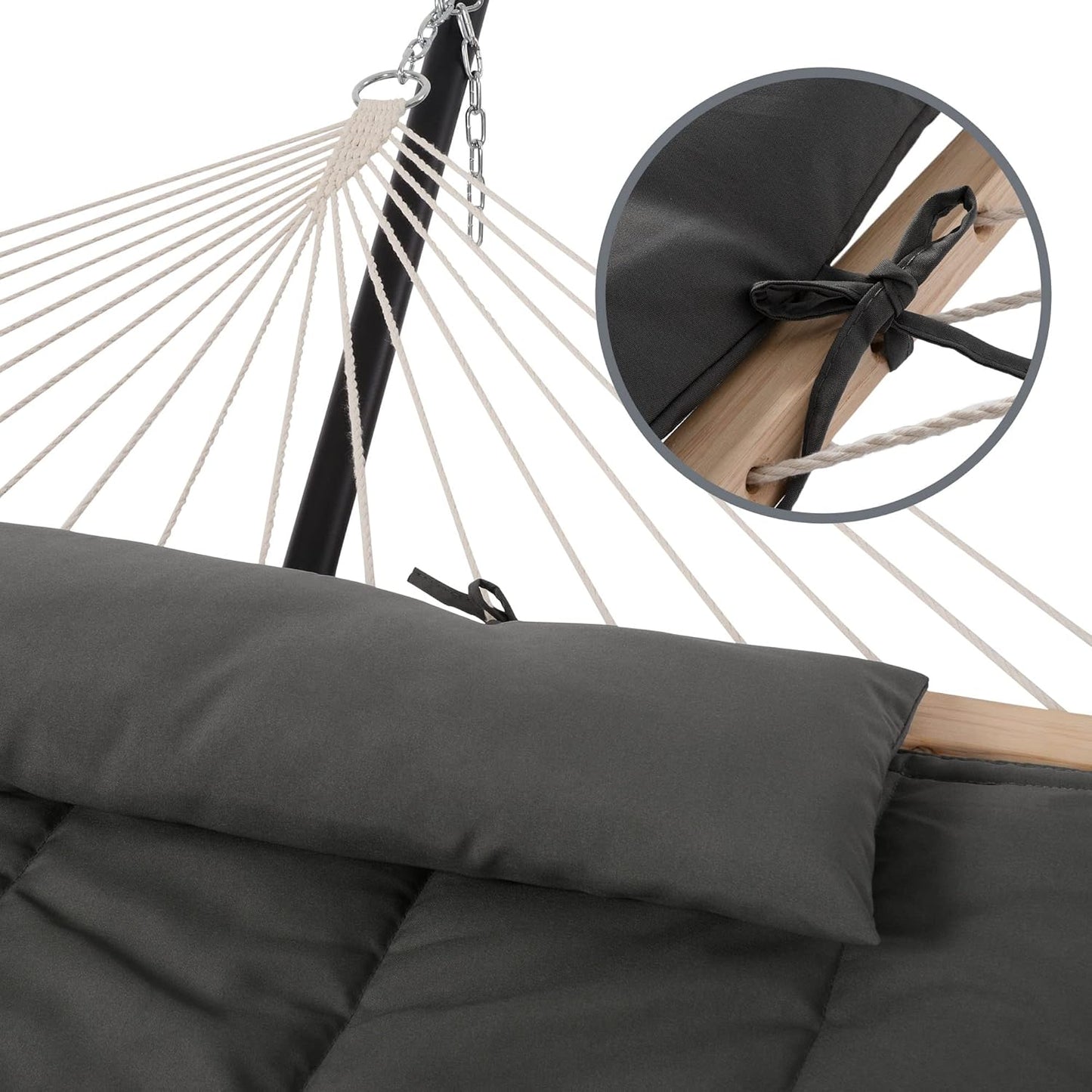 SUNCREAT Double Outdoor Hammock with Stand, Two Person Cotton Rope Hammock with Polyester Pad, Dark Gray