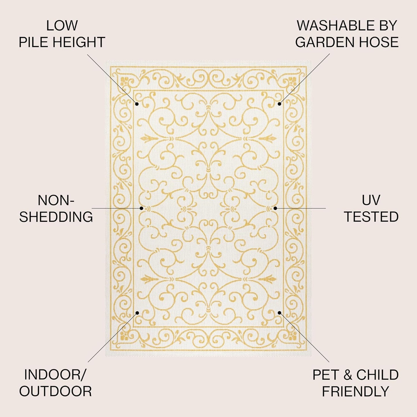 JONATHAN Y SMB106M-4 Charleston Vintage Filigree Textured Weave Indoor Outdoor Area Rug, Classic Traditional Easy-Cleaning,Bedroom,Kitchen,Backyard,Patio,Non Shedding, 4 X 6, Cream/Yellow