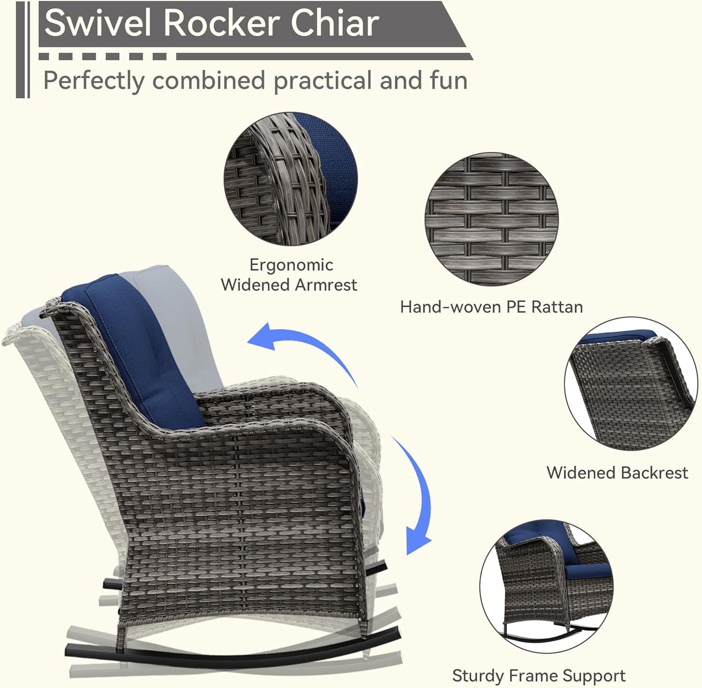 1 PC Outdoor Rocking Chair, Wicker Patio Rocker Chair for Yard, Porch, Mixed Brown Grey Rattan, Blue Cushions