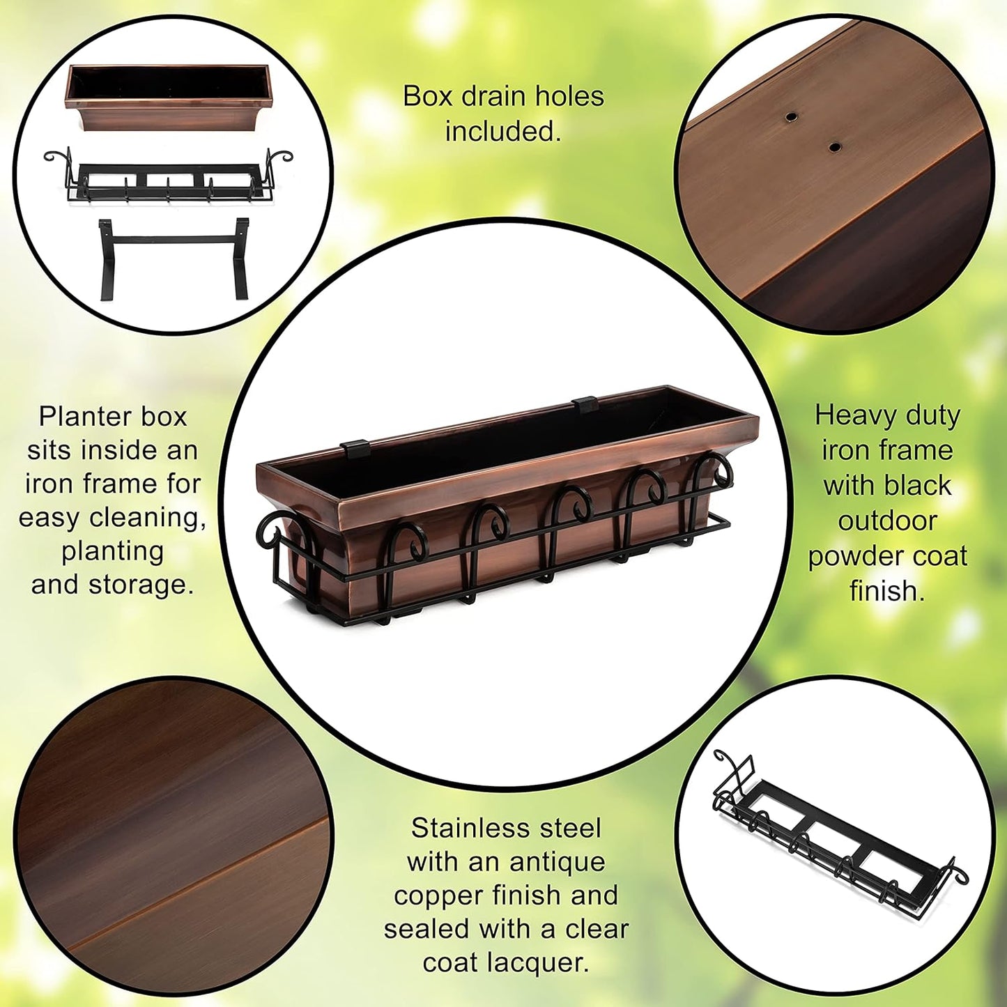 H Potter Window Planter Box Flower Outdoor Copper Plant Container for Windows Attach to House Deck Balcony Long Rectangular Shape 30 inch