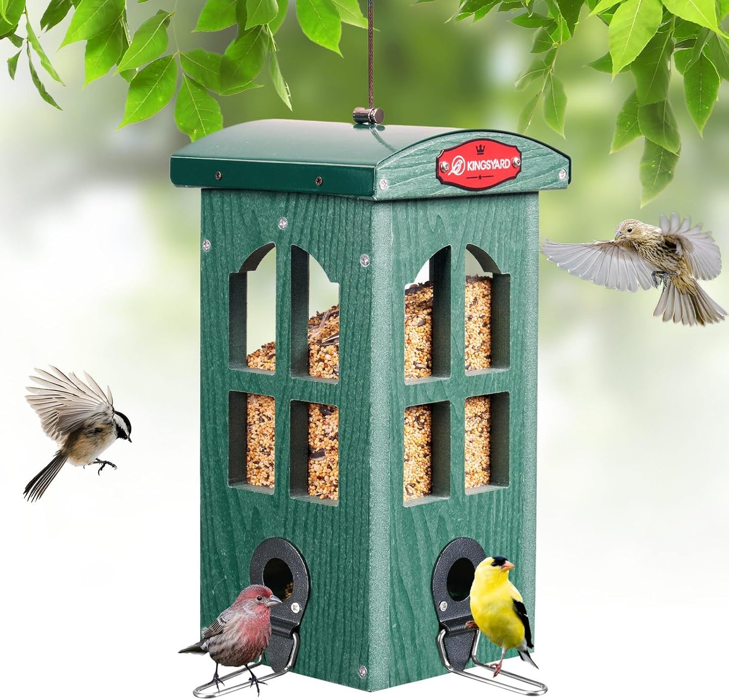 Kingsyard Upgraded Rainproof Bird Feeder for Outdoor Hanging - Metal Feeding Port, Recycled Plastic Wild Bird Feeder with Metal Mesh Tray for Goldfinch Small Bird, Garden Yard Decoration, Green