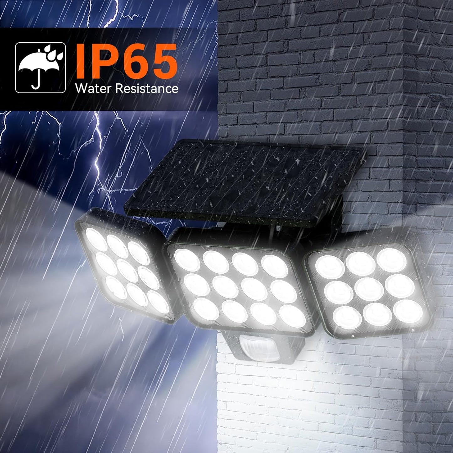 WdtPro 2025 Solar Lights Outdoor Flood Light, 3500LM Bright Motion Sensor Outdoor Lights, 3 Heads & Upgrade Glass Panel, LED Solar Powered Security Light Spotlights Waterproof for Outside Yard-2Pack