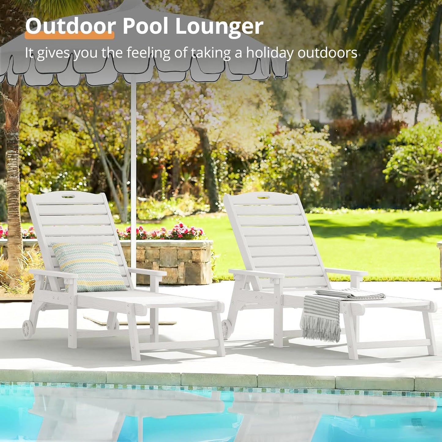 LUE BONA Outdoor Chaise Lounge Chairs Set of 4, 79'' Oversized HDPS Chaise Lounger, 5 Positions Adjustable Lounge Chairs, Pool Lounge Chair with Wheels for Poolside, 3 Year Warranty, White