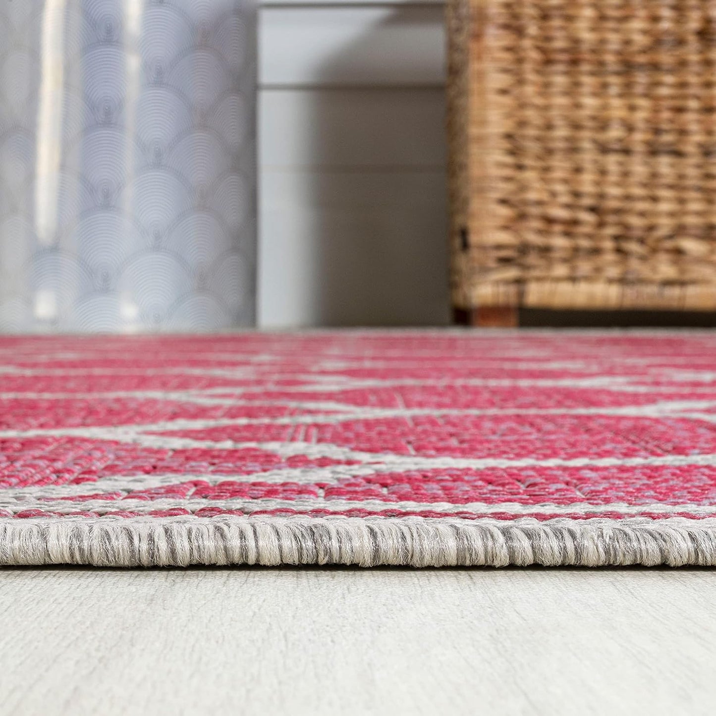 Eyely BMS109H-5SQ Santa Monica Trebol Moroccan Trellis Textured Weave Indoor/Outdoor Area Rug Coastal;Bohemian, Bedroom, Backyard, Patio, Easy-Cleaning, Non-Shedding, 5' Square, Fuchsia/Light Gray