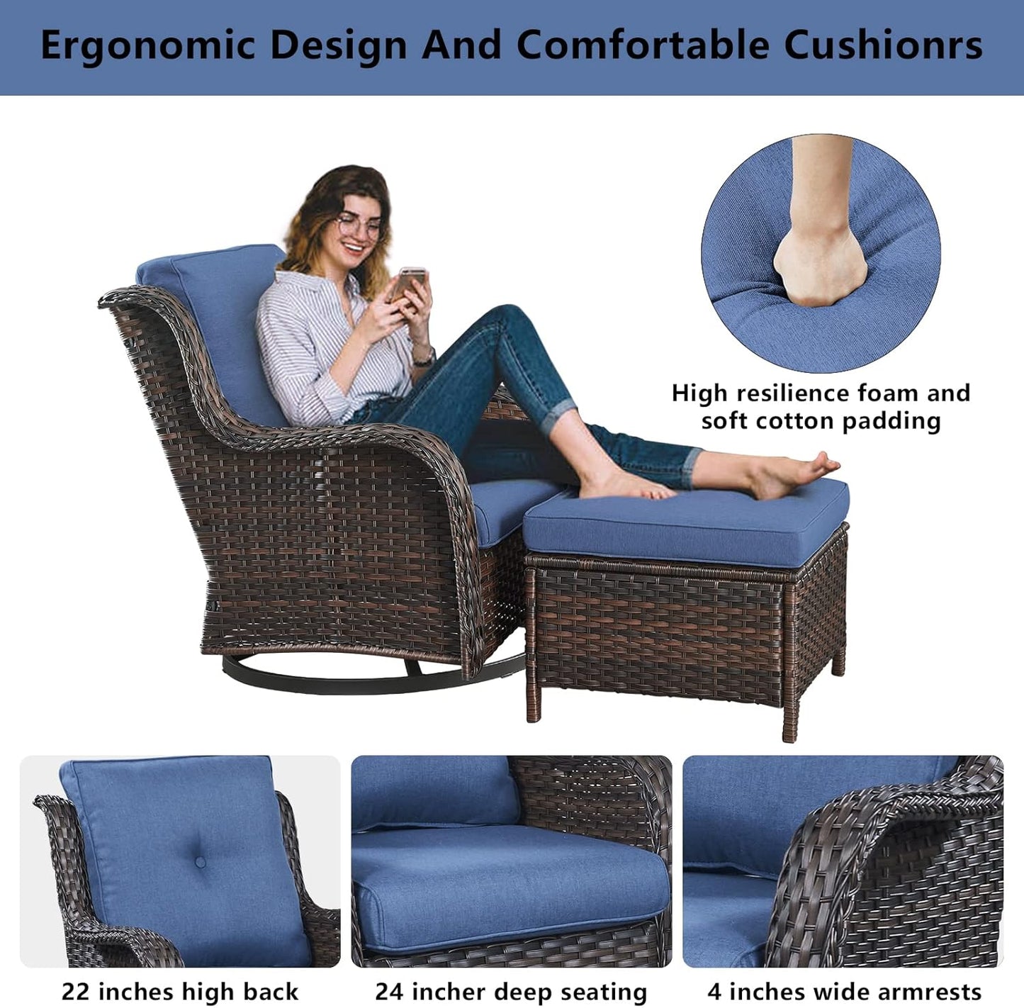 Wicker Patio Furniture Sets - 8 Piece Outdoor Rattan Furniture Conversation Sets with 4 Swivel Rocker Chairs, Rattan Sofa, Wicker Ottomans and Coffee Table, Brown/Blue