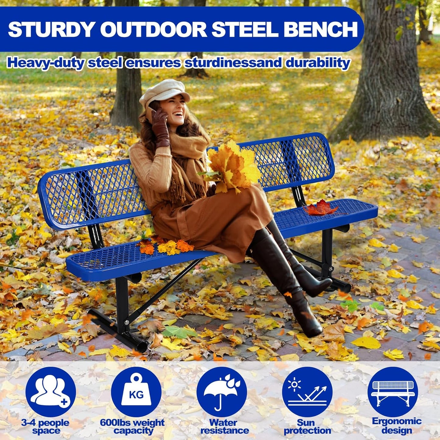 Drexo 6FT Heavy Duty Park Bench with Back Portable Frame, Outdoor Metal Park Bench with Backrest, Steel Mesh Outdoor Bench for Garden, Lawn, Patio, Porch, Park, Yard, Blue