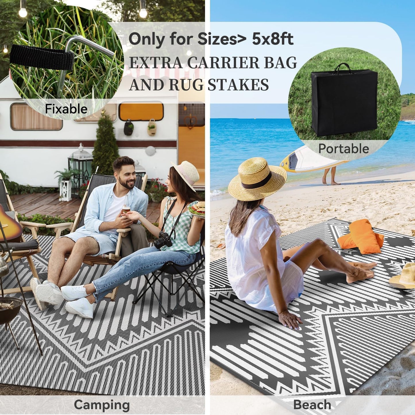MontVoo Outdoor Rug 9x12 Waterproof Patio Rug-Outdoor Carpet Mat Reversible Plastic Straw Outside Outdoor Rug for RV Camping Picnic Beach Balcony Backyard Pool Deck Porch Modern Boho Grey