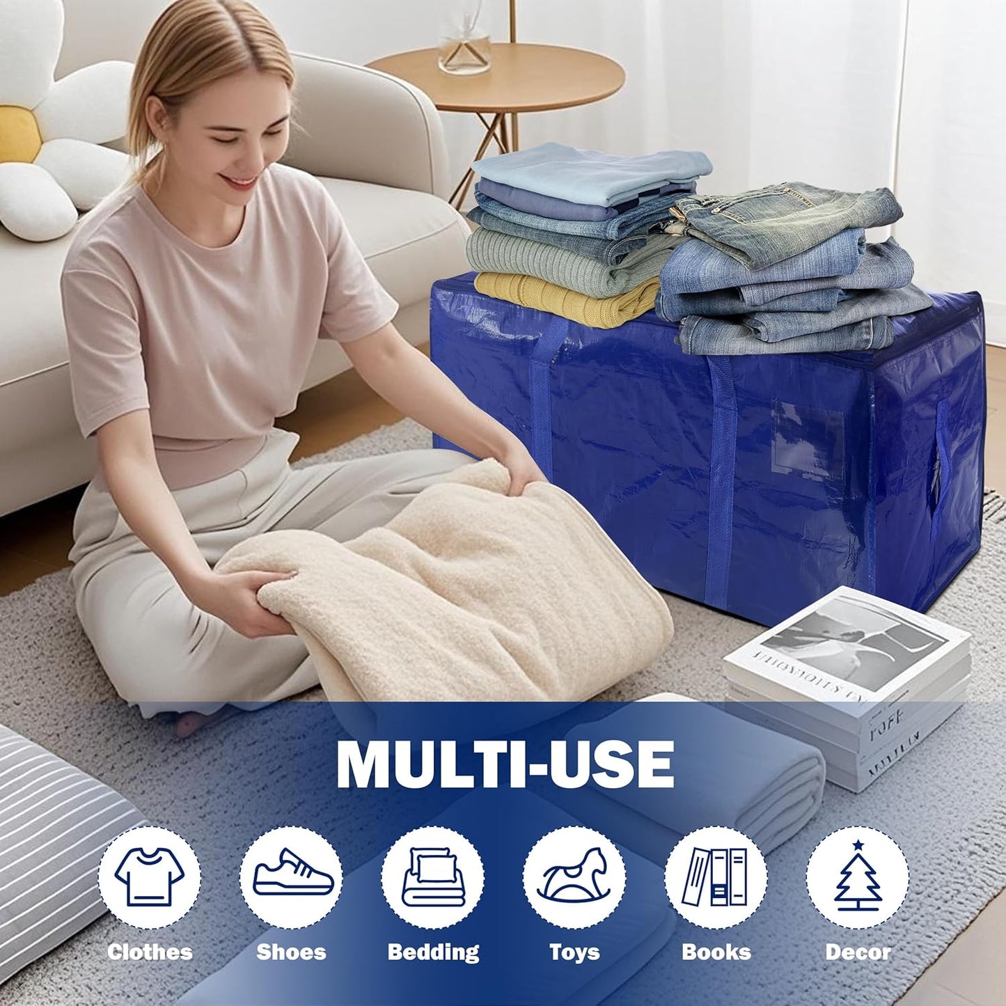8 Pack Extra Heavy Duty Large Moving Bags with Strong Zipper & Carrying Handles, Sturdy Clothes Storage Bag Totes Bins, Packing Bags Moving Boxes College Moving Supplies, Dark Blue - 33 gal