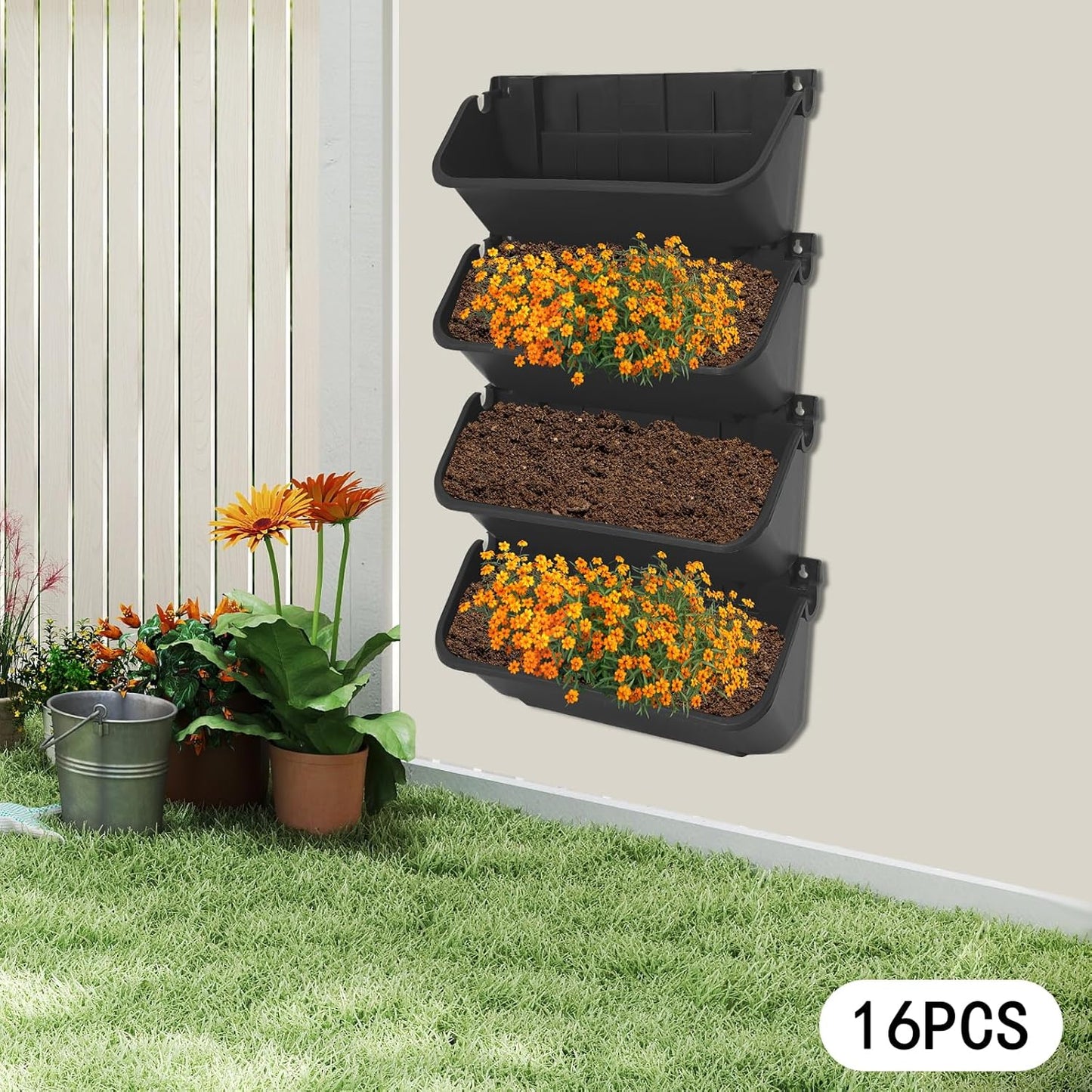 Eapmic Vertical Wall Planter with 16 Pots, Hanging Garden Plant Flowerpot Holder, Stackable Wall-Mounted Planter, Balcony Planters for Flowers Vegetables Fruits (Black, 16 Pots)