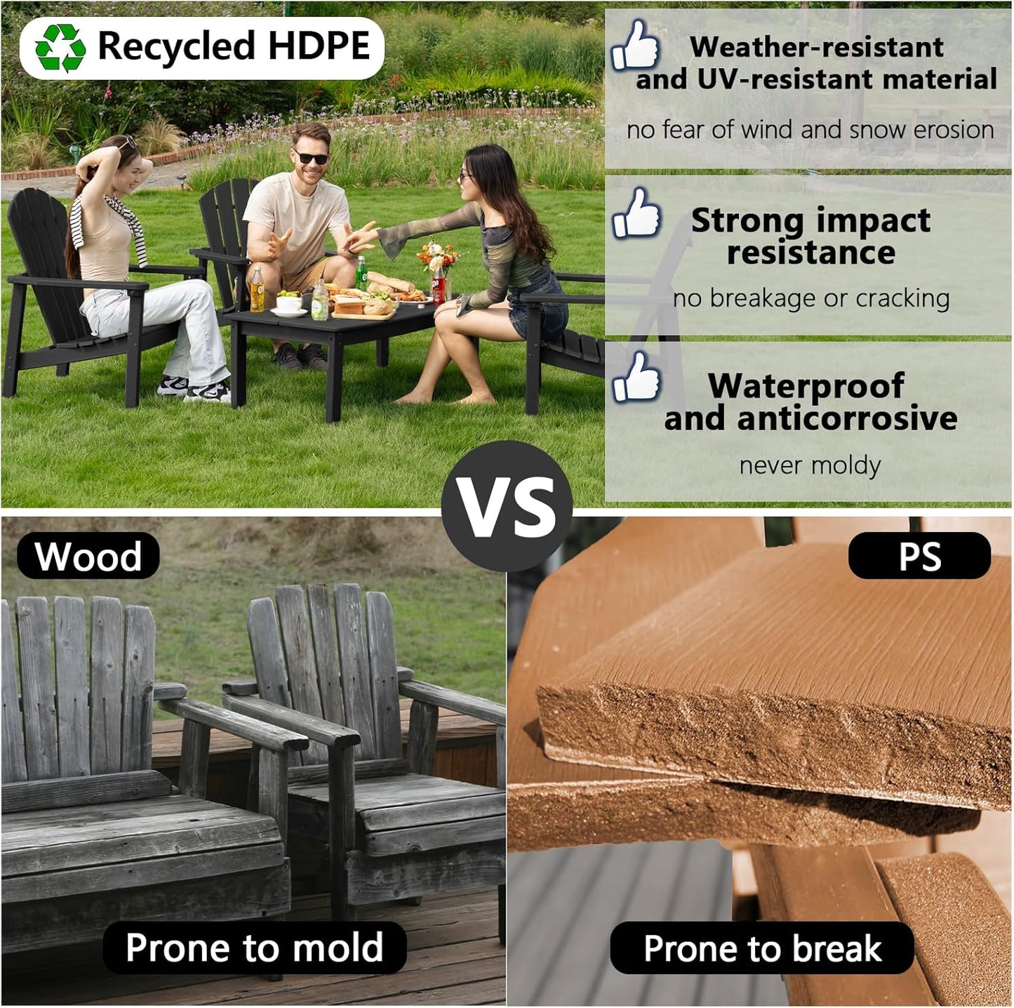 Stackable Adirondack Chair, HDPE Outdoor Patio Chair - Durable and Space Saving, Suitable for Porches, Lawns or Garden, Black