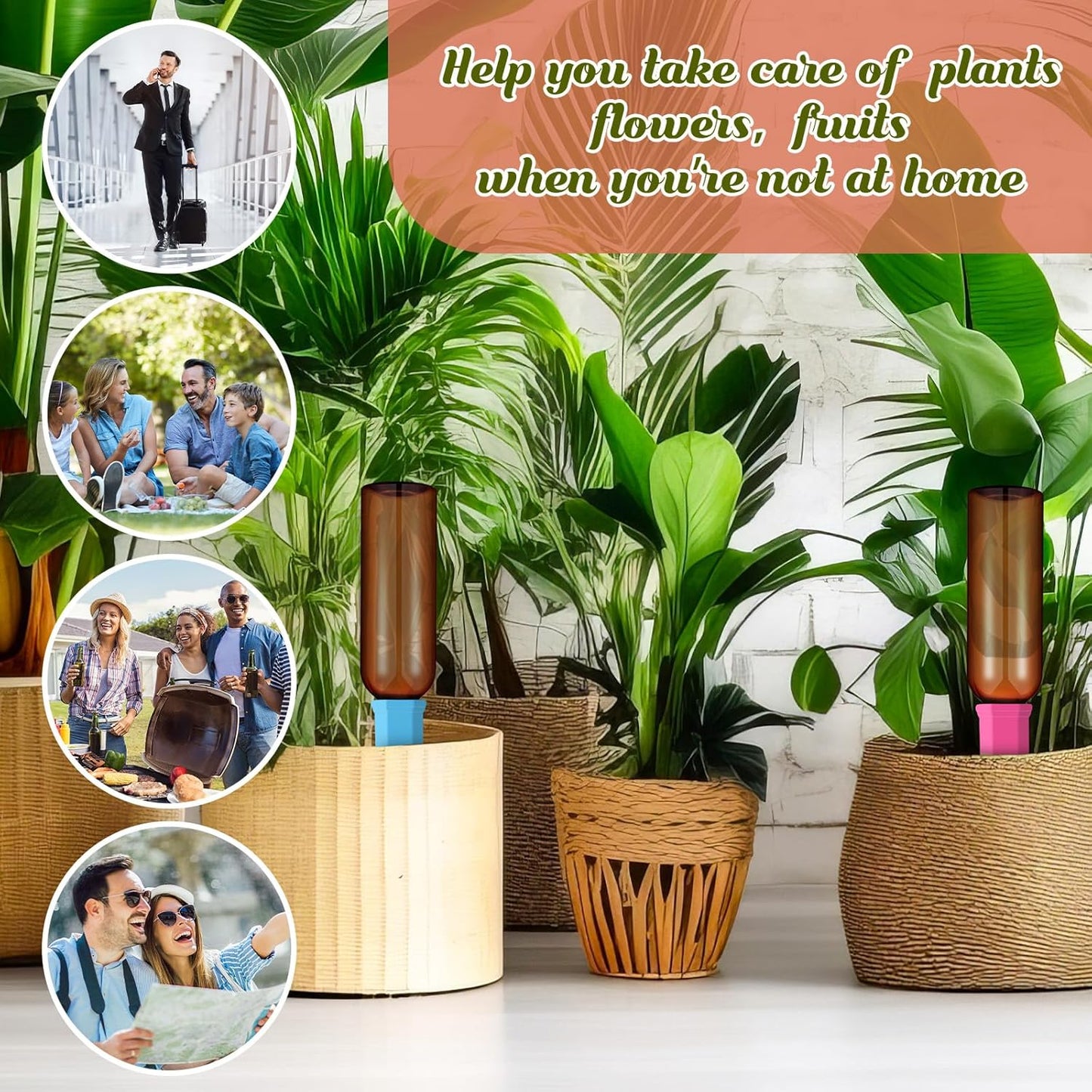 6 Sets Plant Watering Devices Include Terracotta Self Watering Spikes and 26 oz Plastic Bottles, Slow Release Vacation Insert Automatic Plant Waterer Device (Brown and Mixed Color)