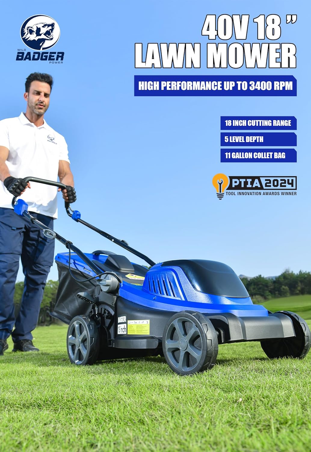 WILD BADGER POWER Lawn Mower 40V Brushless 18" Cordless, 5 Cutting Height Adjustments Electric Lawn Mower, Quickly Folding Within 5’s, 4.0AH Battery and Super Charger Included.