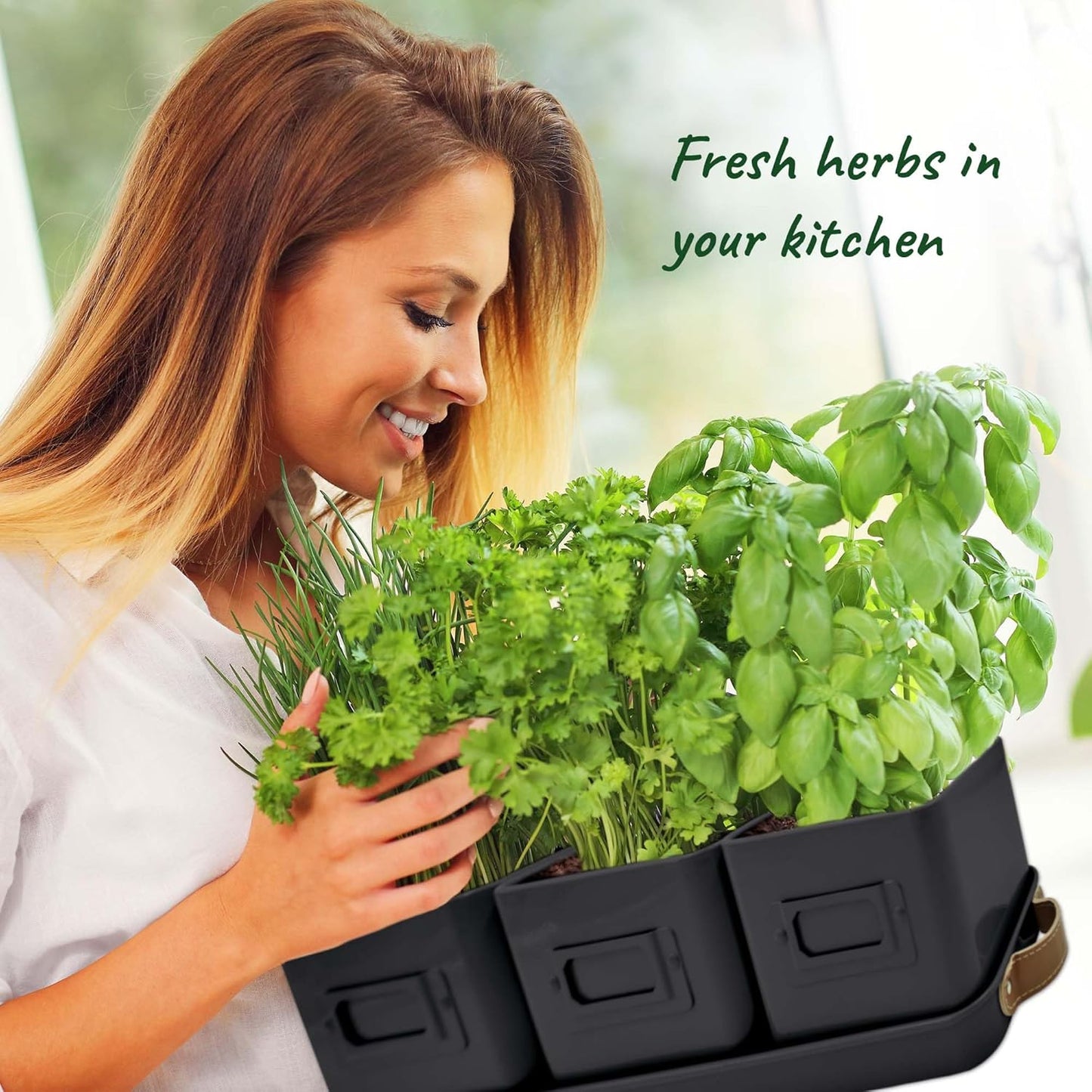 Herb Planter Indoor - Set of 3 Black Indoor Herb Garden Pots for Plants with Leather Handled Tray - Window Sill Plant Shelf - Pots with Drainage Holes and Labels