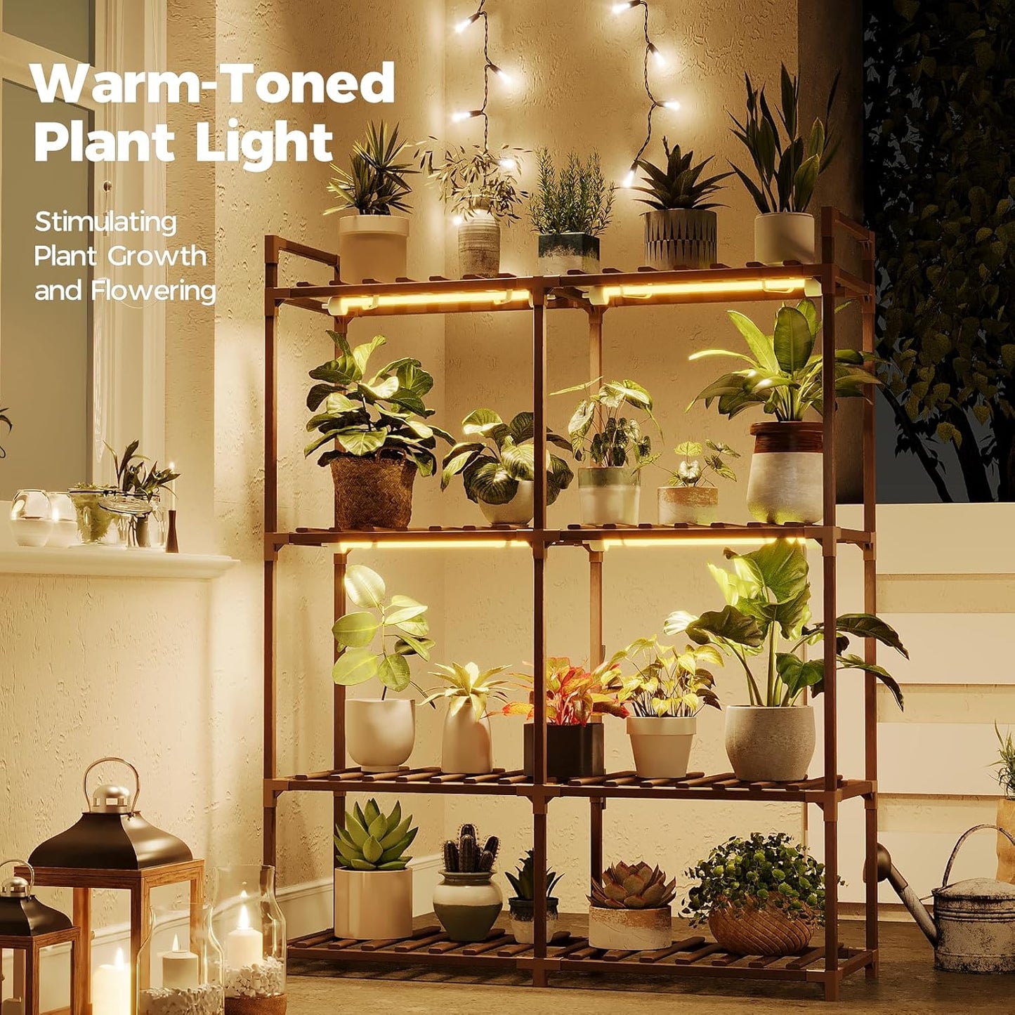 Bamworld Plant Stand with Grow Lights for Indoor Plants Wood Plant Shelf 4 Tier Large Flower Stand for Mutiple Plant Holder Rack for Patio Living Room Balcony