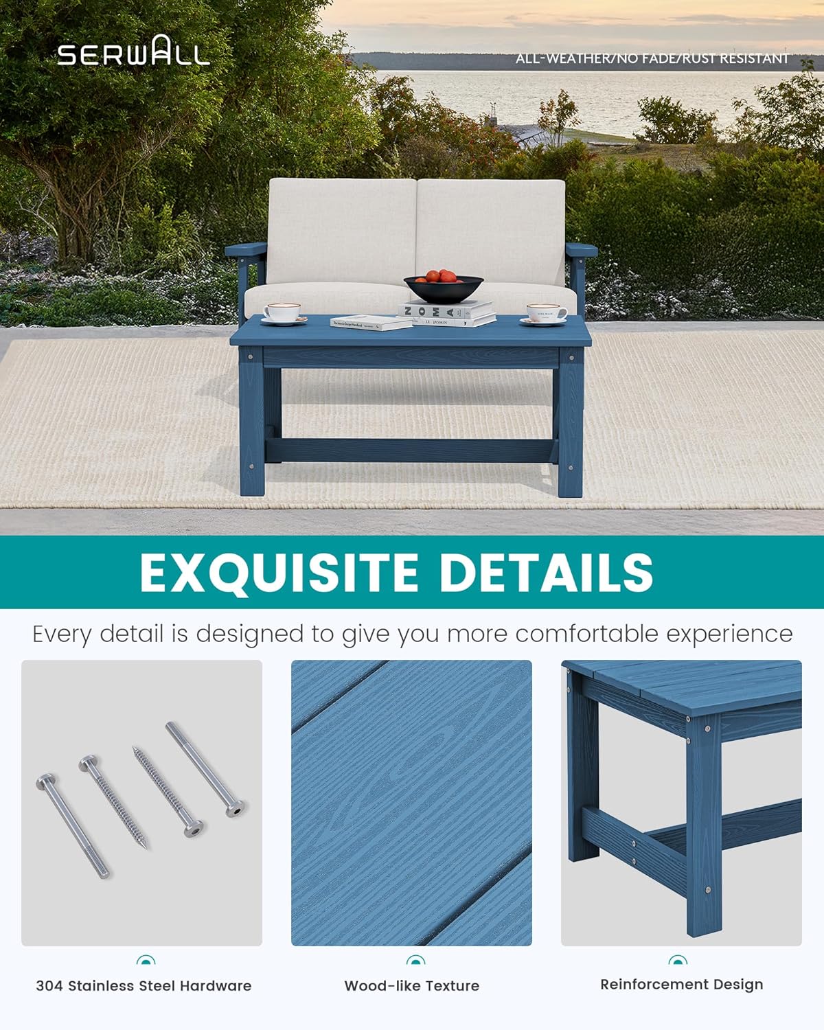 SERWALL HDPE Outdoor Coffee Table, All-Weather Patio Coffee Table, Rectangle Adirondack Outdoor Table Fits with Outdoor Sectional Couch for Outside Deck Porch Lawn, 37.8" x 22.8", Blue