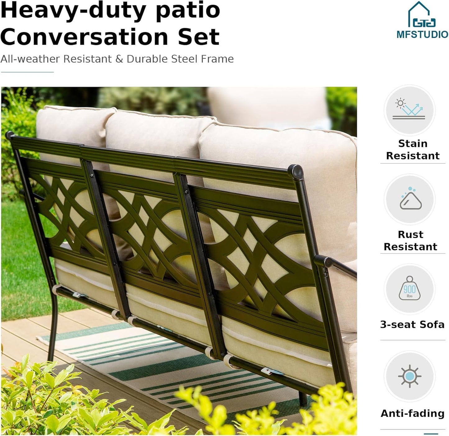 MFSTUDIO 5 Seats Large Metal Patio Conversation Sets, 4 Pieces Outdoor Furniture Sofa with 2 Swivel Chairs, 1 Sofa(3-seat) and Table for Outside Balcony Backyard Poolside